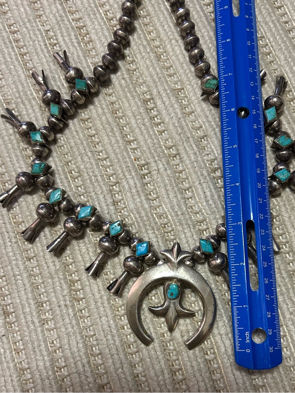 Vintage unisex sterling silver turquoise squash blossoms necklace 24-25” - Picture 11 of 16